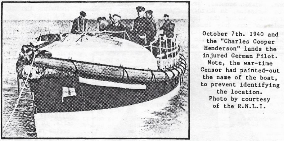 An image scanned from a newspaper showing the lifeboat carrying a rescued German pilot