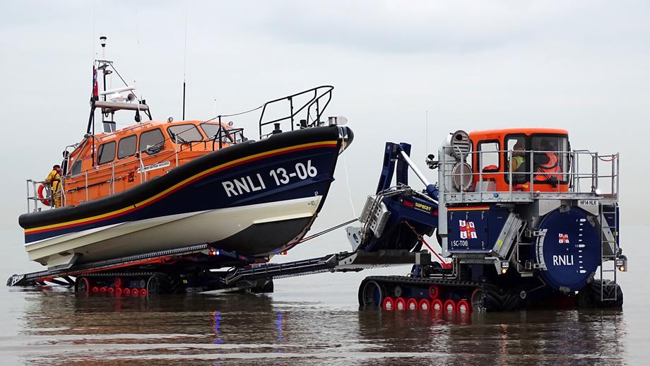 Hoylake’s Shannon class lifeboat, Edmund Hawthorn Micklewood 13-06, being recovered by her launch and recovery tractor, Roland Hough