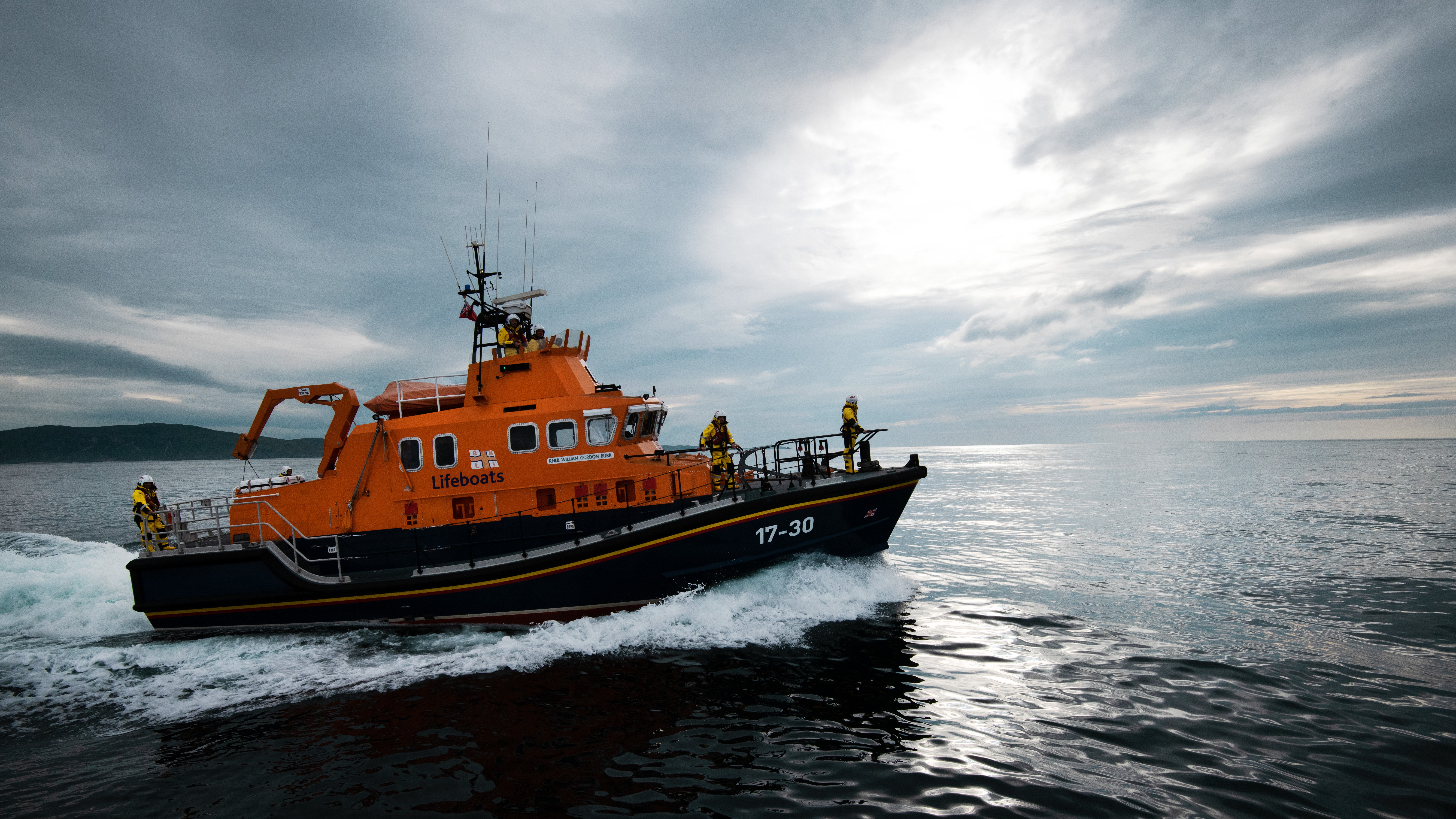 Portrush Severn class lifeboat William Gordon Burr 17-30 at sea during a training exercise.