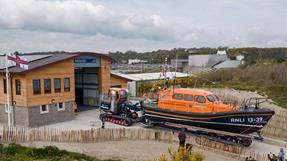 RNLI Pwllheli boathouse and Shannon class lifeboat 