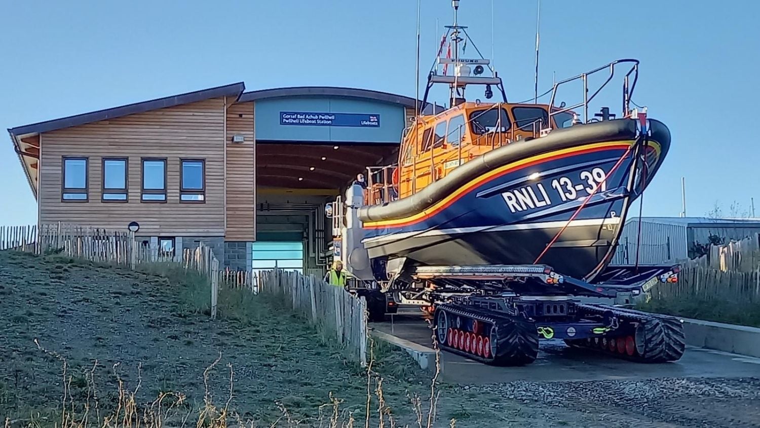 RNLI Pwllheli boathouse and Shannon class lifeboat