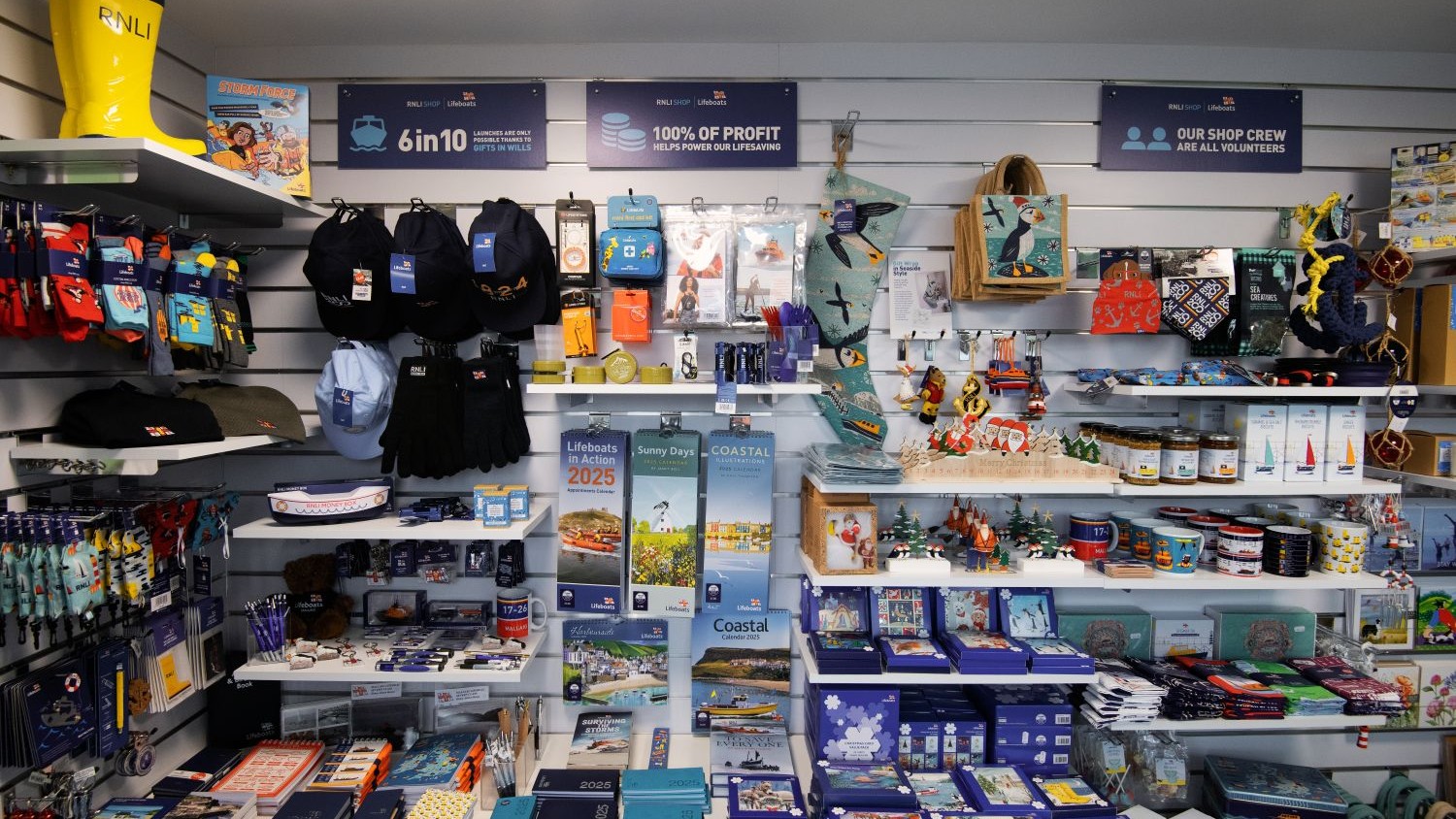 A range of items for sale in an RNLI shop.