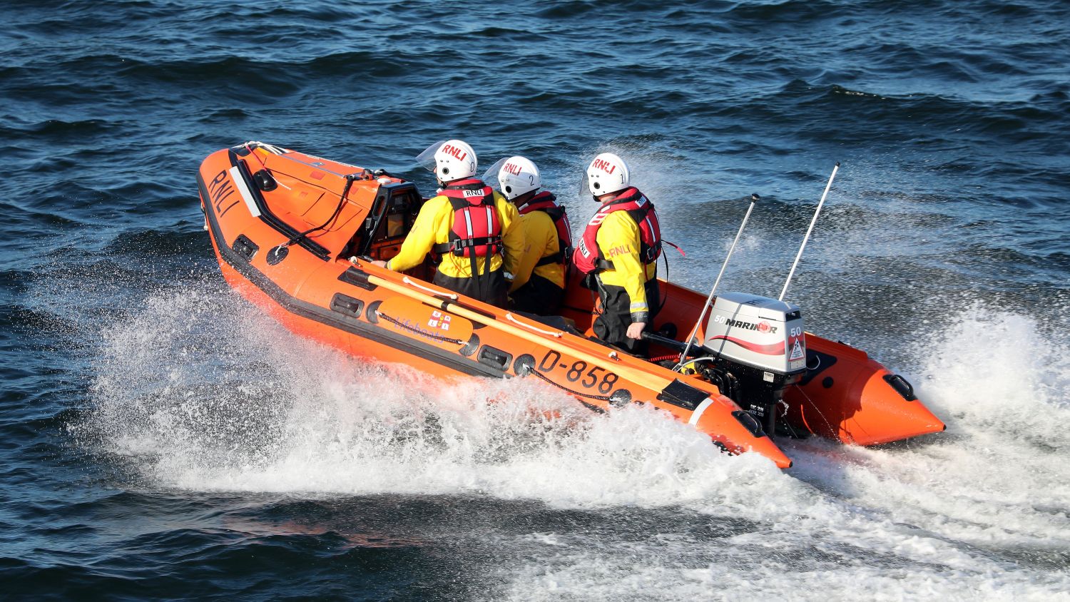 Tenby D-class inshore lifeboat Kathleen Ann D-858 at sea on a training exercise.