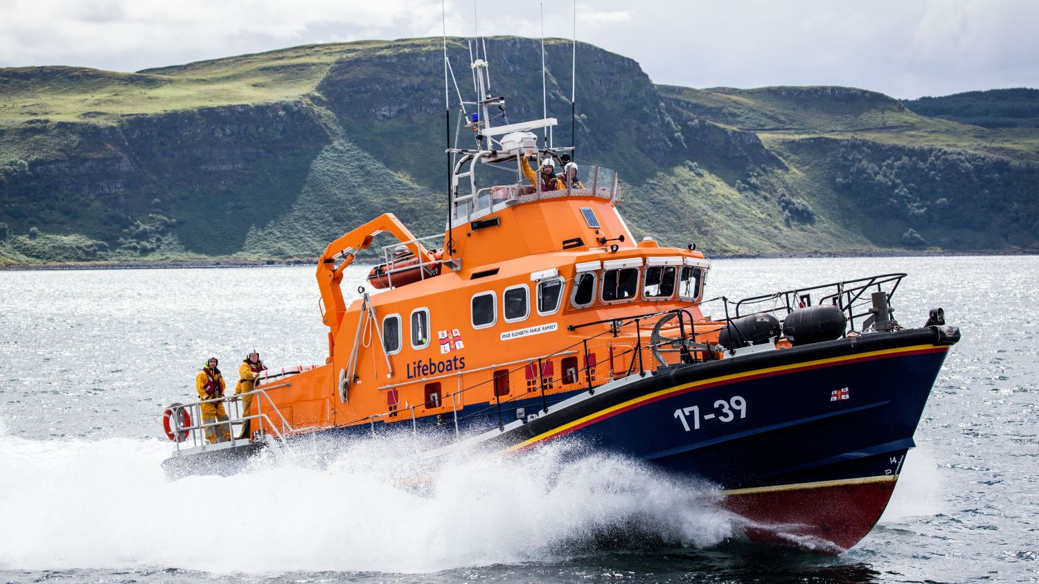 Tobermory Severn class all-weather lifeboat Elizabeth Fairlie Ramsay 17-39 ON 1270 at sea.