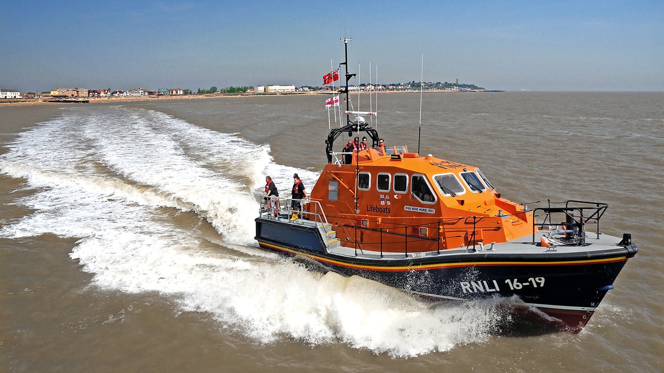 RNLI Walton and Frinton’s Tamar class all-weather lifeboat, Irene Muriel Rees 16-19, at sea 