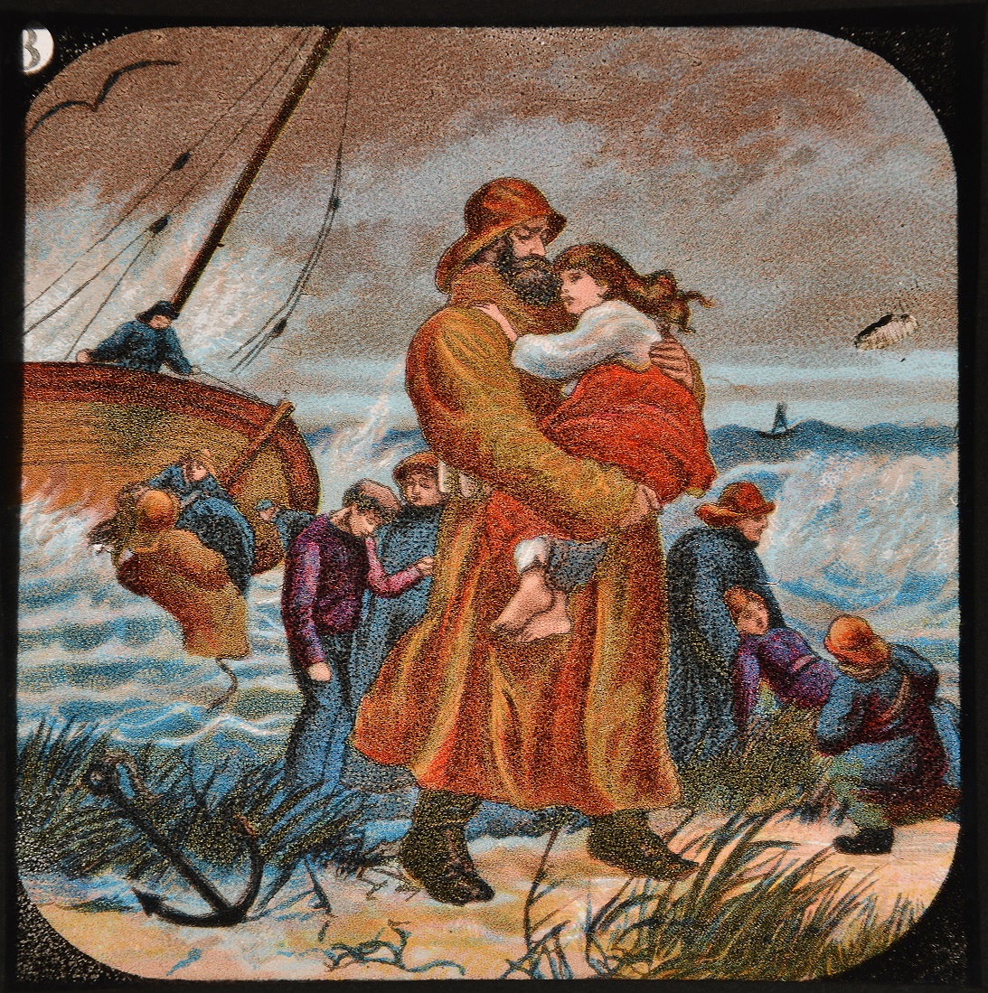 Lantern slide showing an imagined rescue, first produced as part of the Junior Lecturers’ Series in 1901