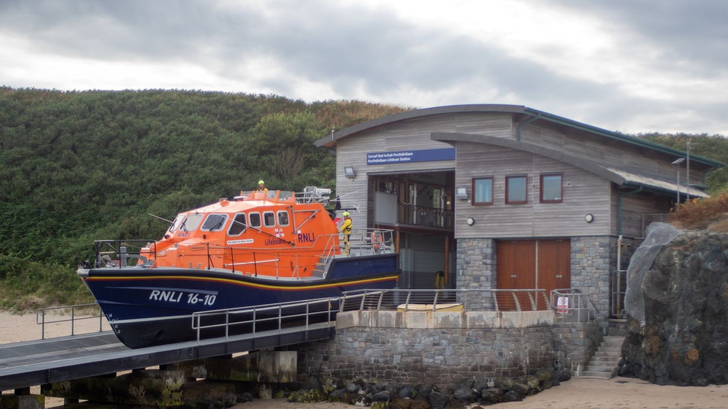 A Tamar lifeboat on a slipway outside Porthdinllaen lifeboat station.