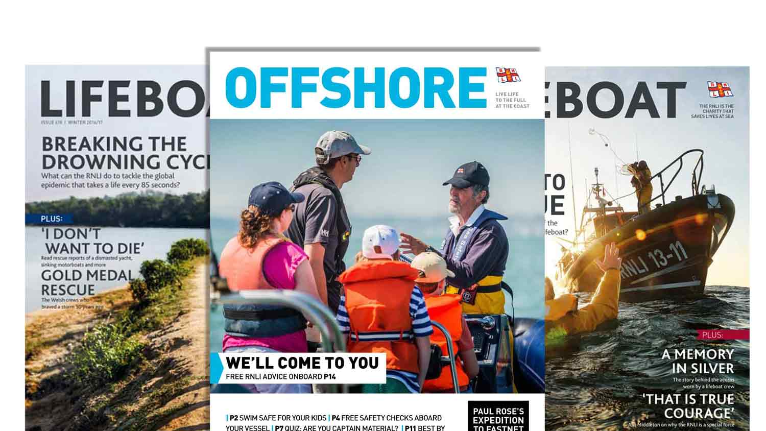 The cover of Offshore Magazine alongside two editions of Lifeboat Magazine. On the cover of the mag is an RNLI water safety volunteer sharing advice with a group of boaters