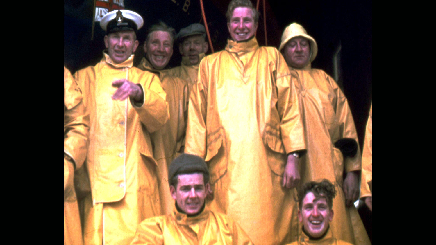 Seven of the eight crew who were lost. Back row left to right: Daniel Kirkpatrick, Jimmy Johnston, Robert (Sodjer Bob) Johnston, Ray Kirkpatrick and James Swanson. Front row left to right: Robbie Johnston and John (Jack) Kirkpatrick. The eighth crew member was Eric McFadyen.
