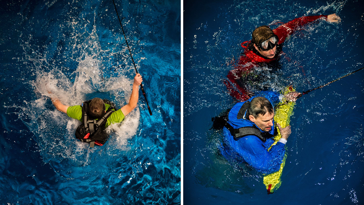 Anglers experiencing what it’s like to fall into the water with and without a lifejacket at the RNLI Sea Survival Centre