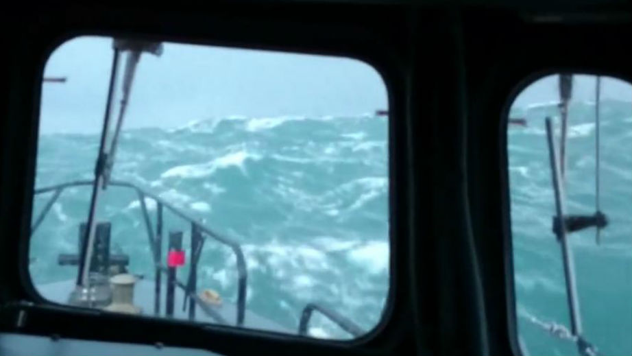 View from the wheelhouse of the RNLI Stromness lifeboat during the storm