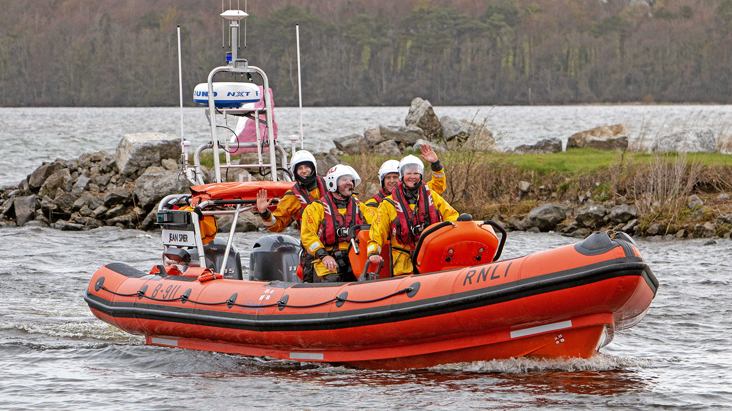 Eleanor at the helm of Lough Derg’s inshore B class lifeboat Jean Spier
