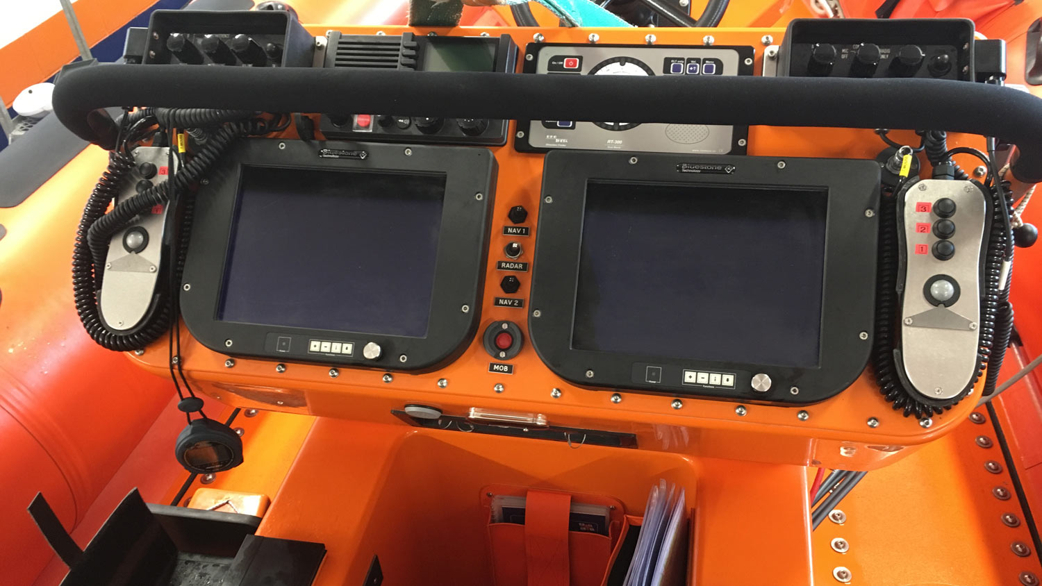 SIMS screens ready for action in the crew pod of Harwich RNLI's B class lifeboat, Tierney
