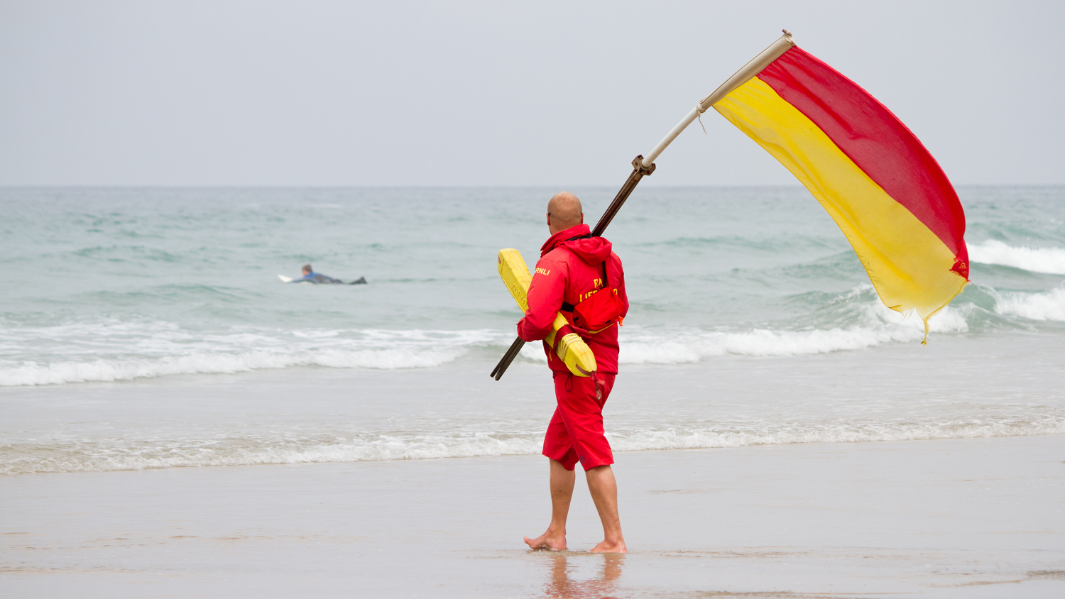 Red and yellow flags on the beach