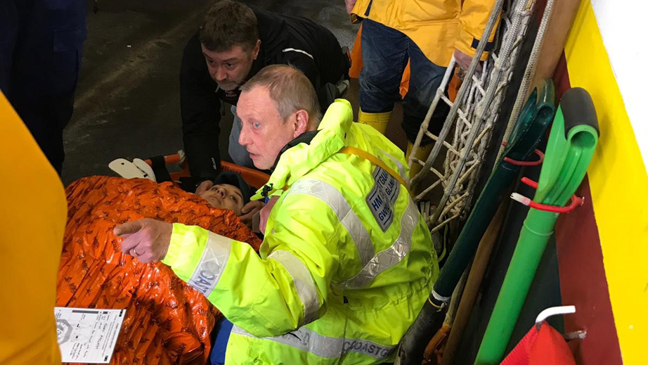 Megan being stabilised at Trearddur Bay Lifeboat Station