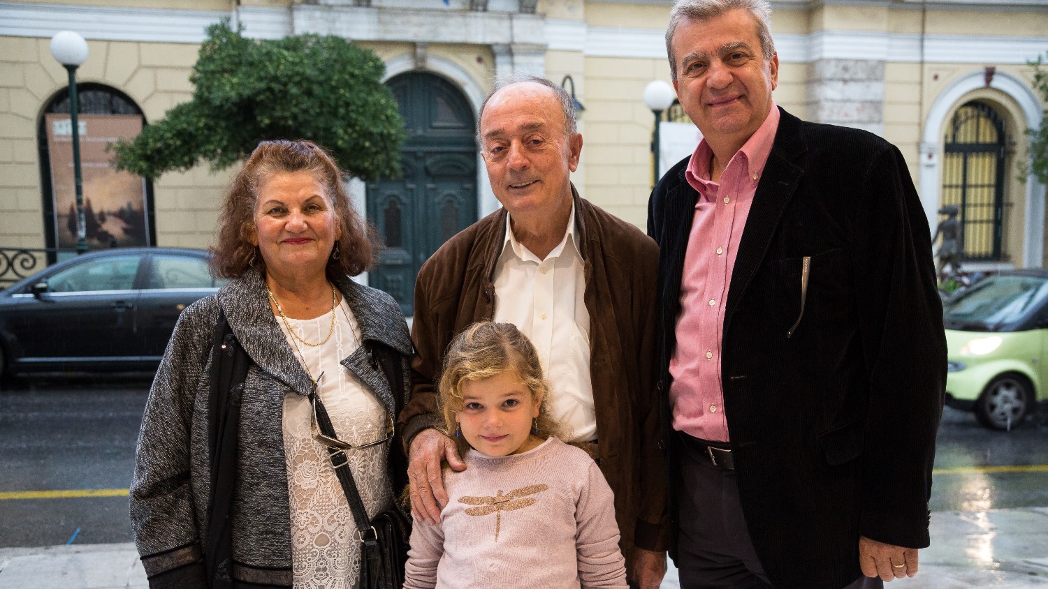 Nafsiporos rescuee Anestis Rokopoulos with his family. Left to right: wife of Anestis Rokopoulos, Panagiota (grandaughter), Anestis Rokopoulos, Dion Theodorou (nephew of other rescuee). Rescue of the Greek vessel Nafsiporos by Moelfre and Holyeahd lifeboats in December 1966.