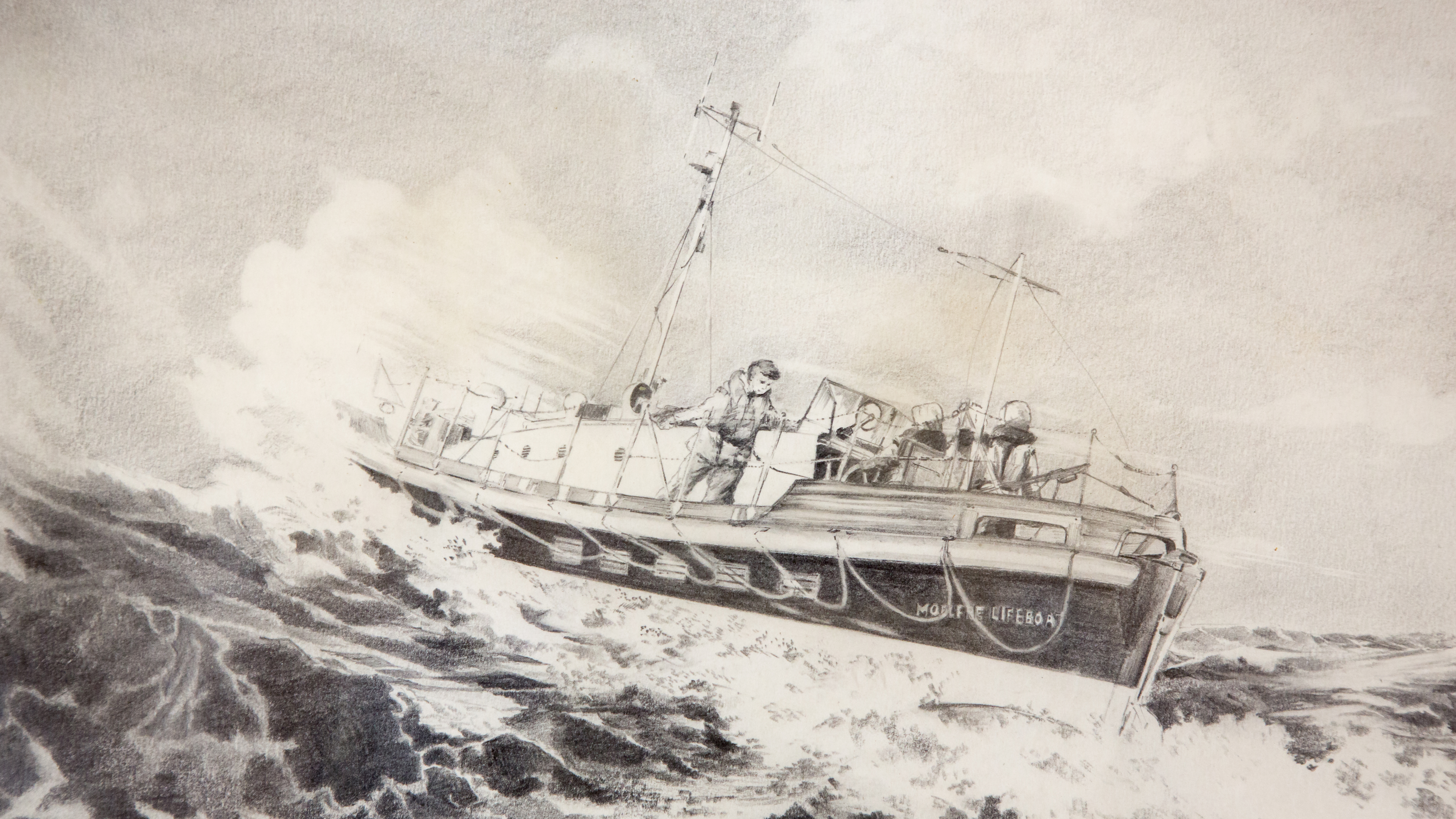 Painting by K Stone of the rescue of the Nafsiporos by the Moelfre and Holyhead lifeboats