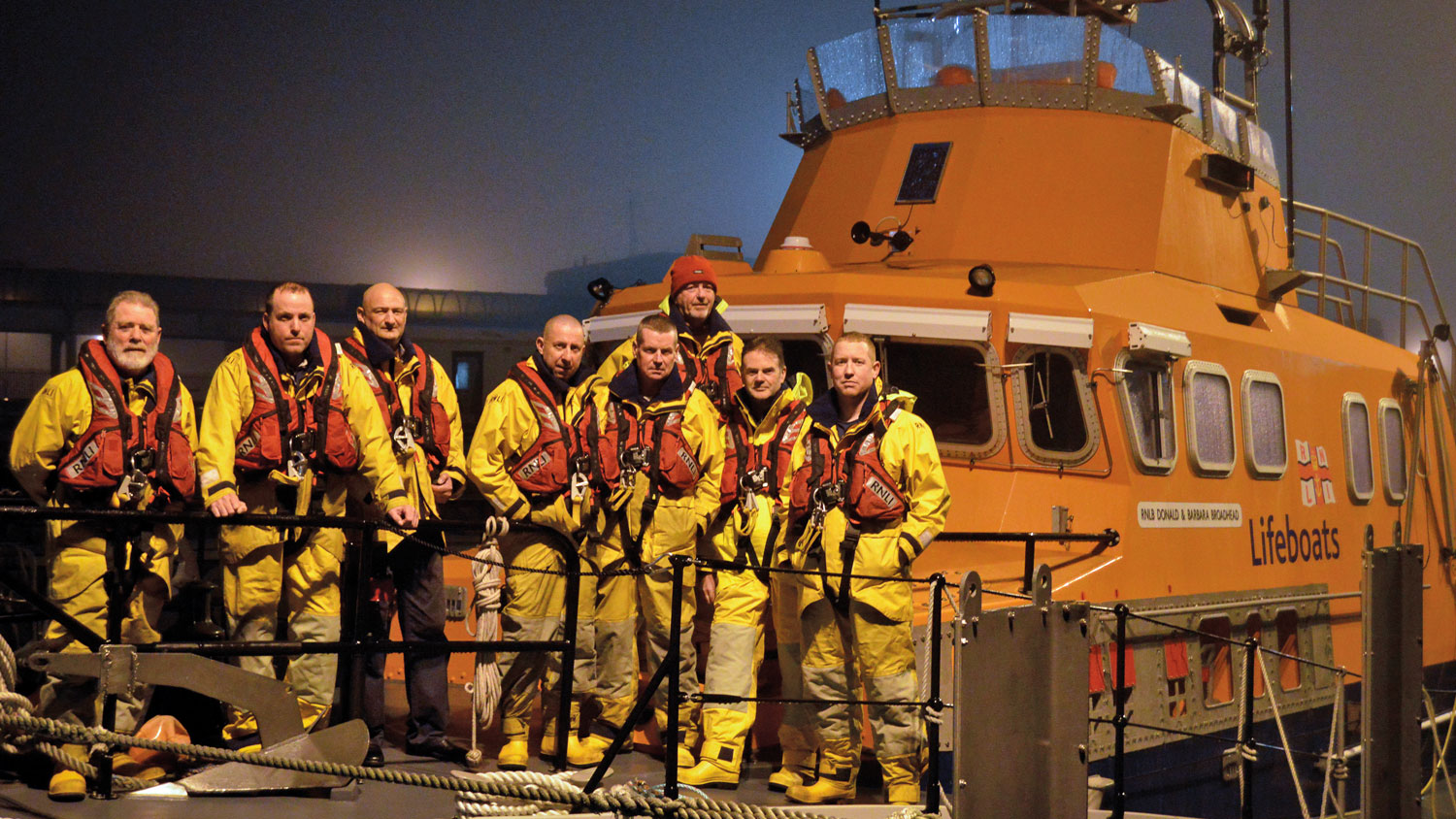 Rosslare Harbour lifeboat crew onboard their moored Severn class all-weather lifeboat Donald and Barbara Broadhead