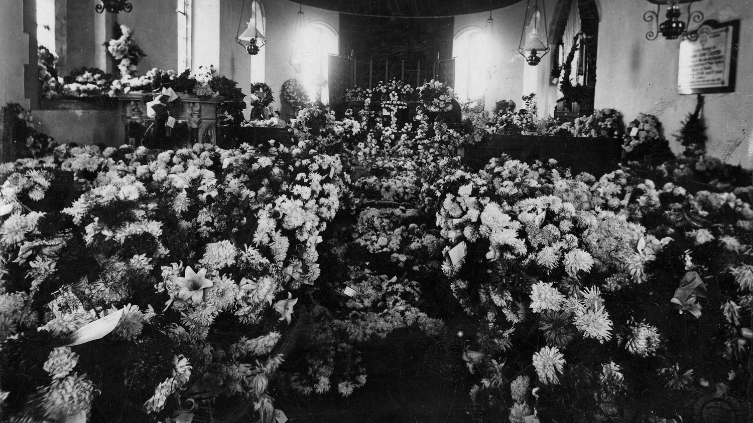 Flowers in the church at Rye Harbour in memory of the crew of the wrecked lifeboat Mary Stanford