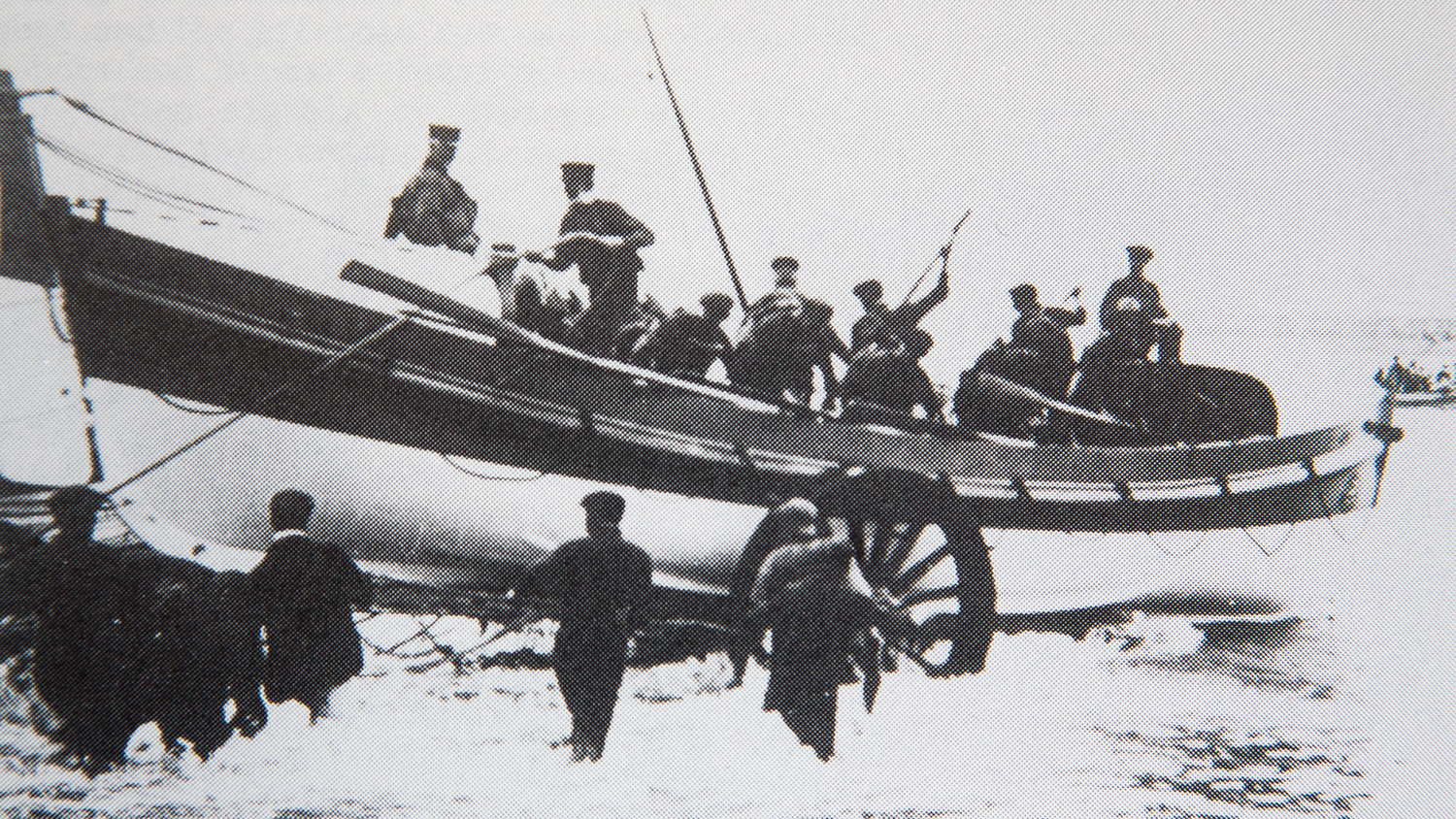 1914: The older generation stepping up – Scarborough crew launching the lifeboat Queensbury, one of six lifeboats that went to the rescue of the Rohilla