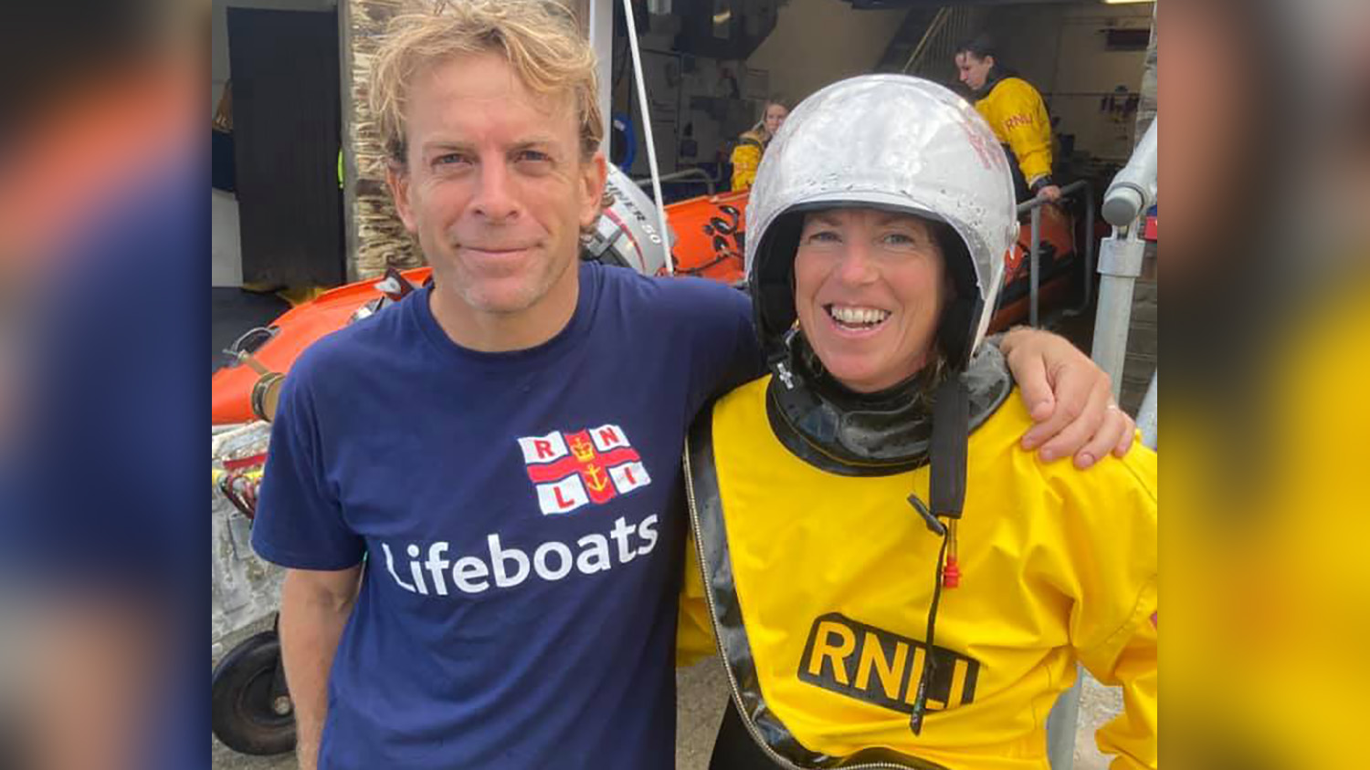 Jonathan Davies ran the 2021 London Marathon for the RNLI after being rescued last year. His wife Vicky, pictured beside him, is now on the crew at St Agnes