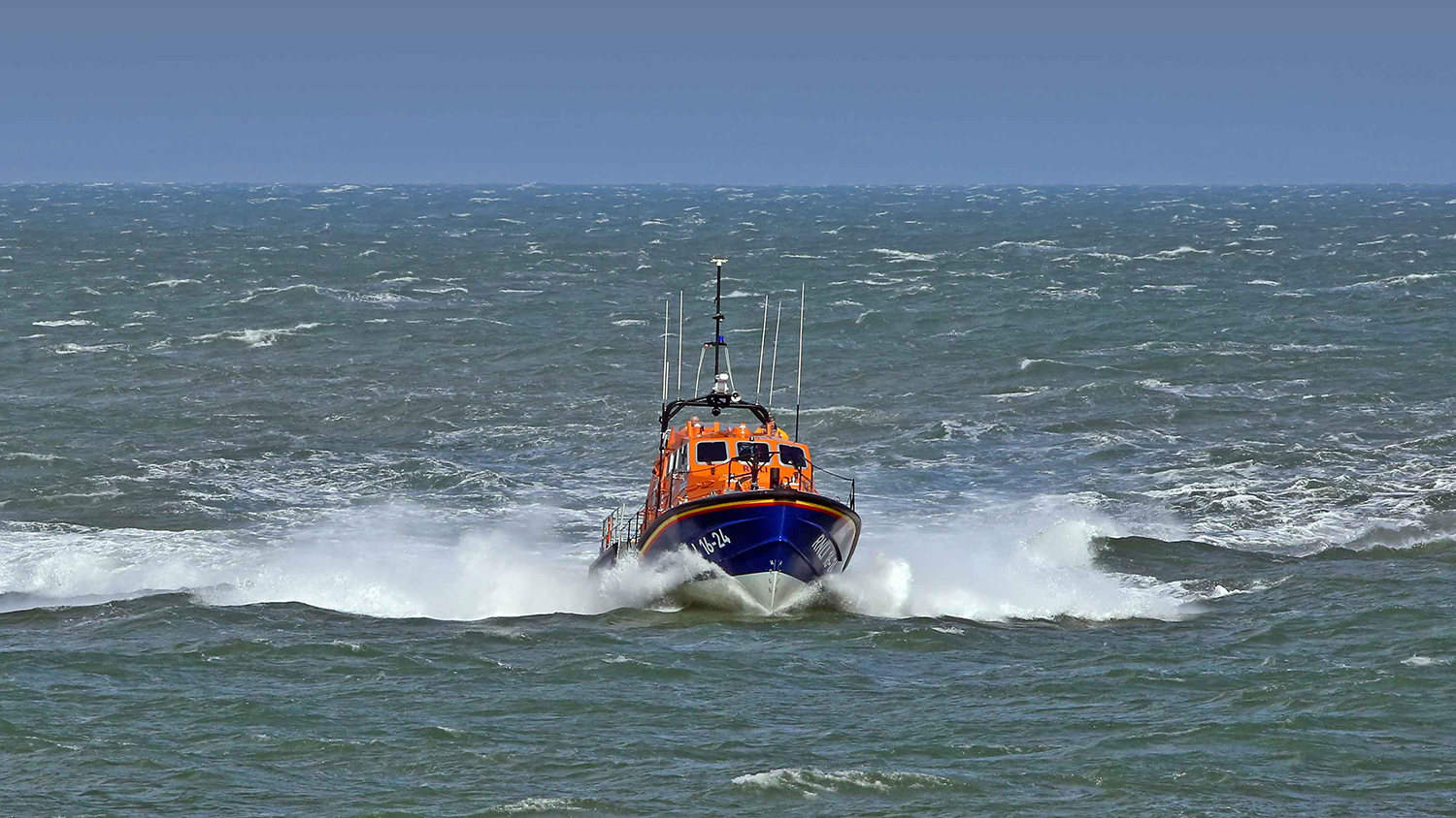 Porthdinllaen Tamar class lifeboat John D Spicer heading towards you through the waves