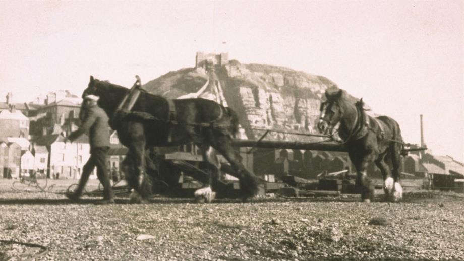 The last horses in service at the RNLI - turning the capstan to pull the Hastings lifeboat up the beach