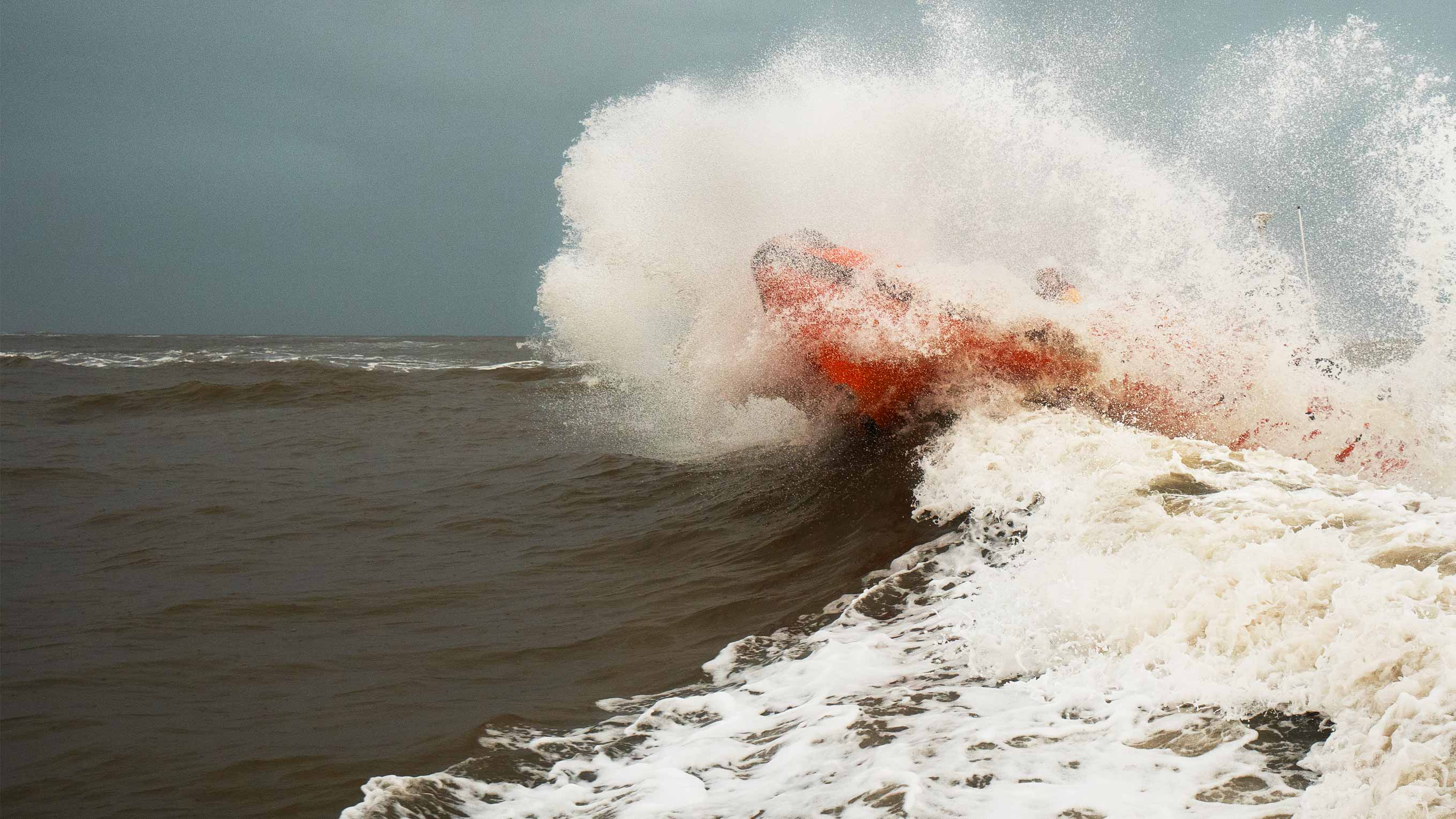 Arbroath's B class lifeboat crashes through surf during a training exercise