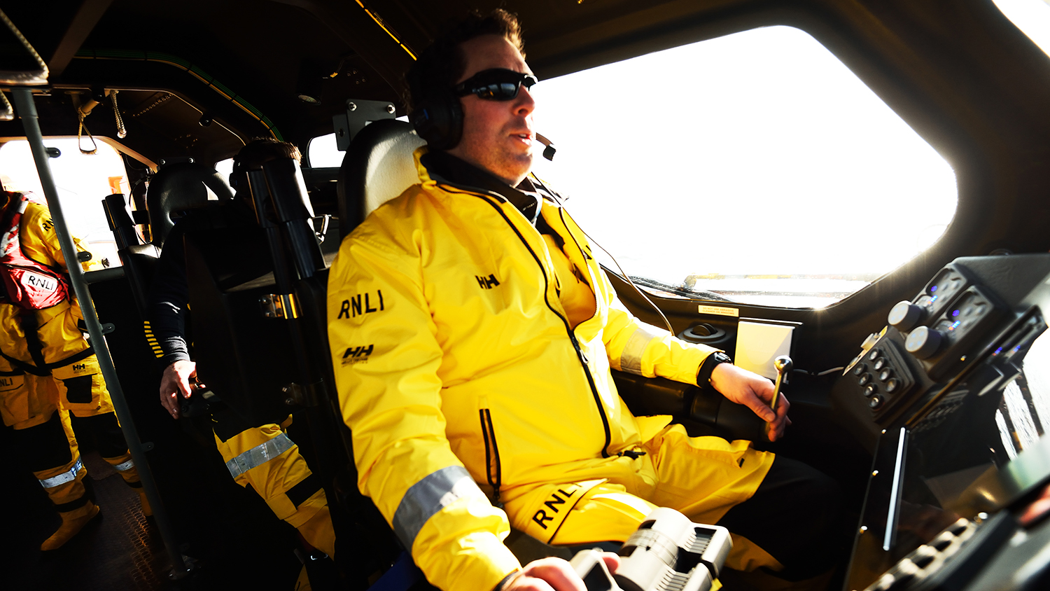 A crew member inside the wheelhouse of Skegness’s Shannon class lifeboat