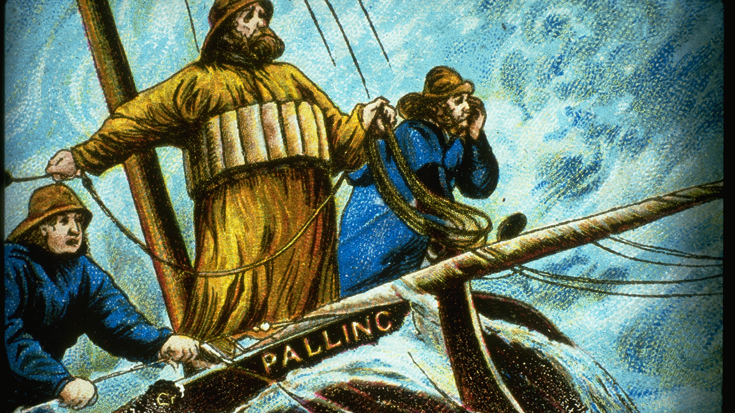 A slide for a magic lantern, depicting the men of the Palling lifeboat in action over 100 years ago