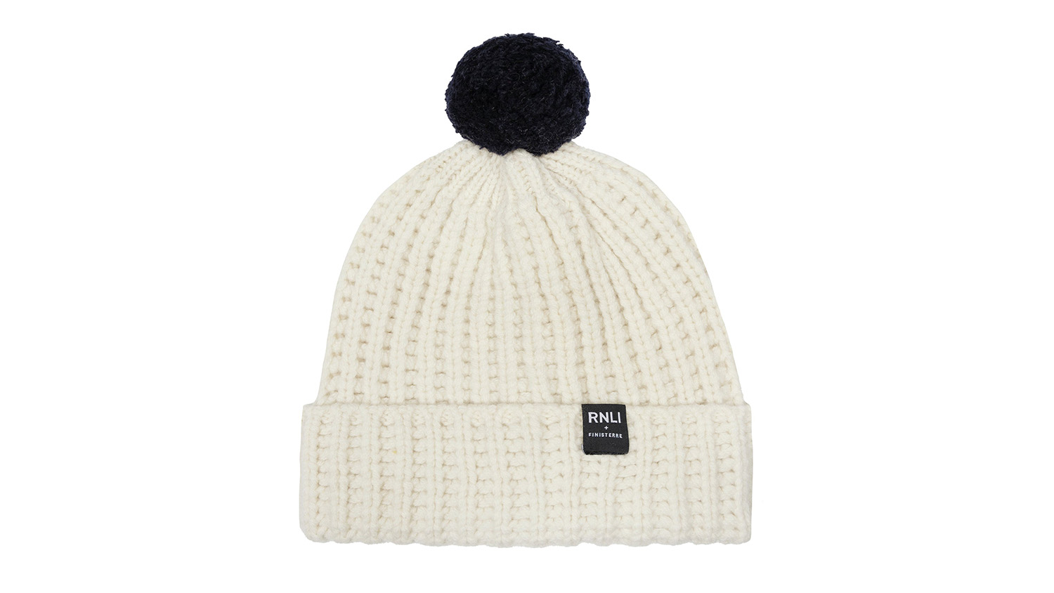 Woolly hat in white with a black pom-pom, priced £40.