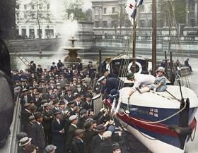 Vintage RNLI lifeboat surrounded by crowds in London’s Trafalgar Square