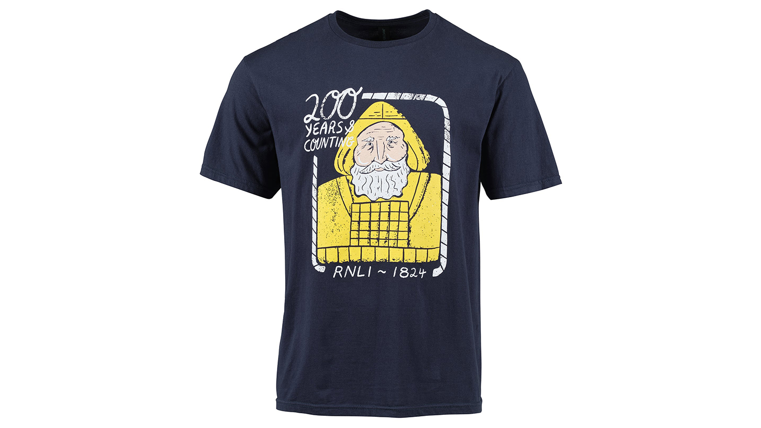 A dark blue T-shirt with an illustration of a crew member with a big white beard wearing a cork lifejacket and yellow crew kit. The text reads ‘200 years and counting’, to celebrate the RNLI’s anniversary. 
