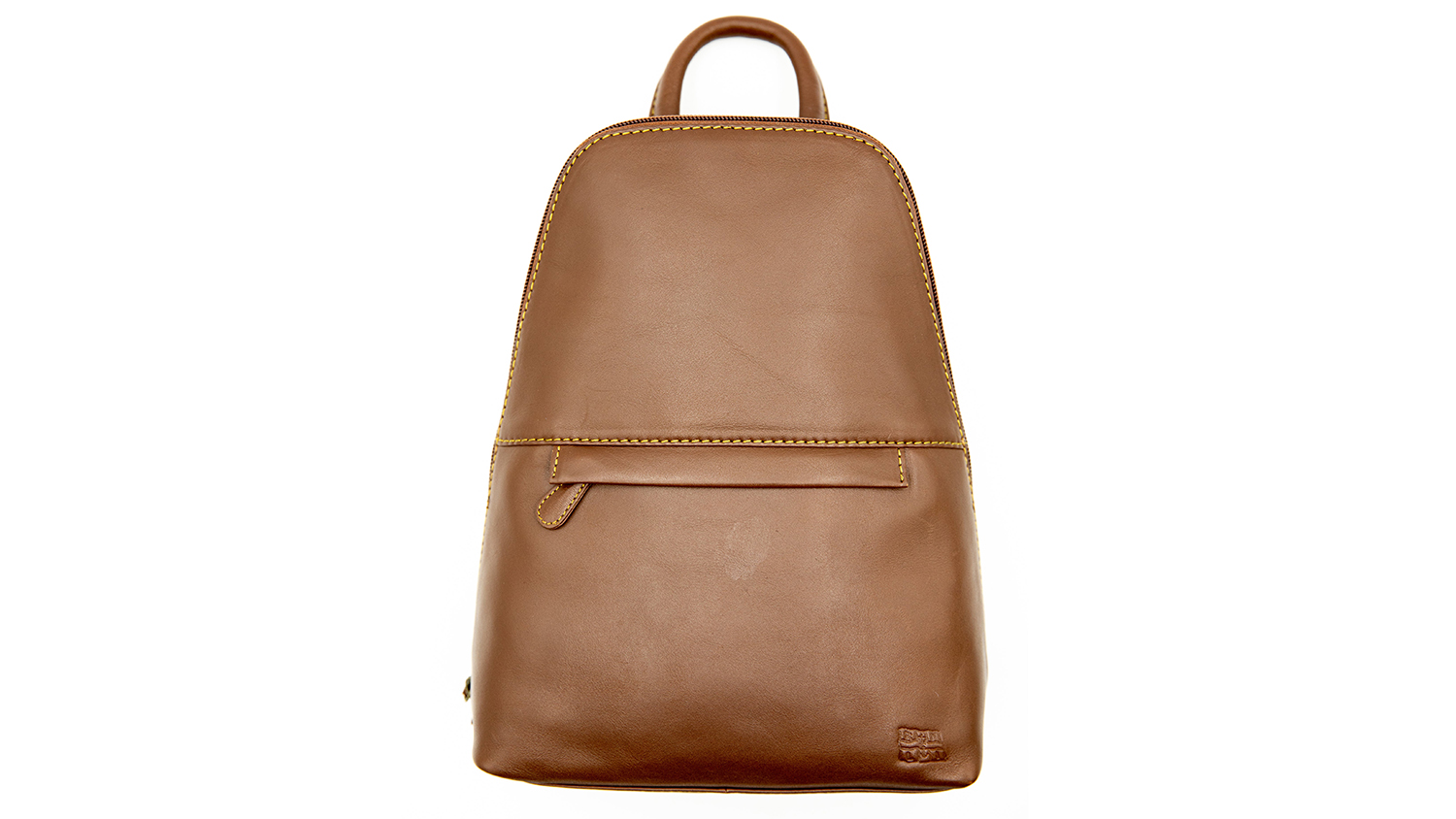 A mid-brown leather rucksack with mustard yellow stitching and a zip running over the top. There is also a zippered pocket at the front. Embossed in the right-hand lower corner is the RNLI flag logo. 