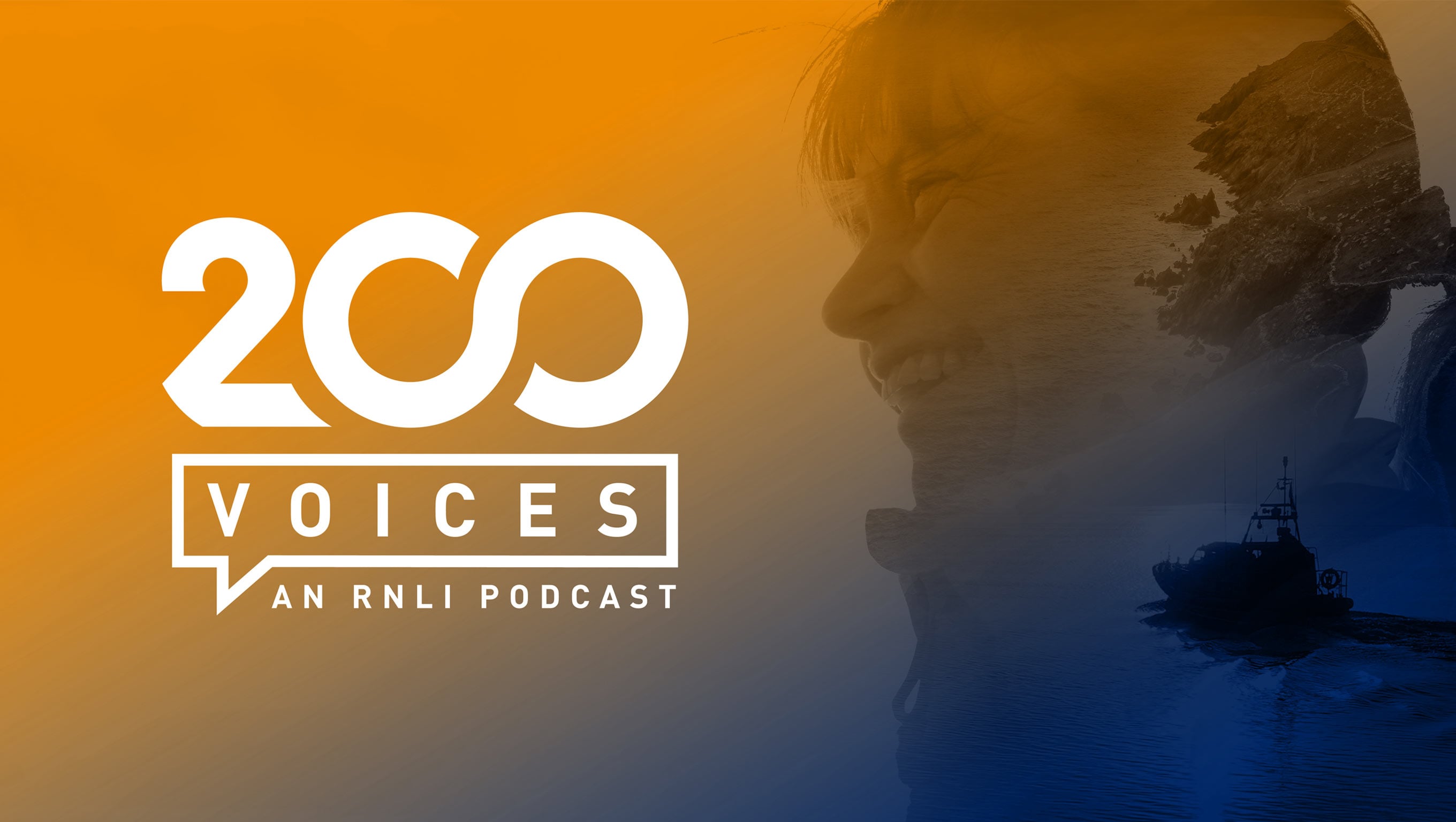 RNLI 200 voices podcast artwork featuring a smiling female crew member overlaying an all-weather lifeboat floating next to some cliffs