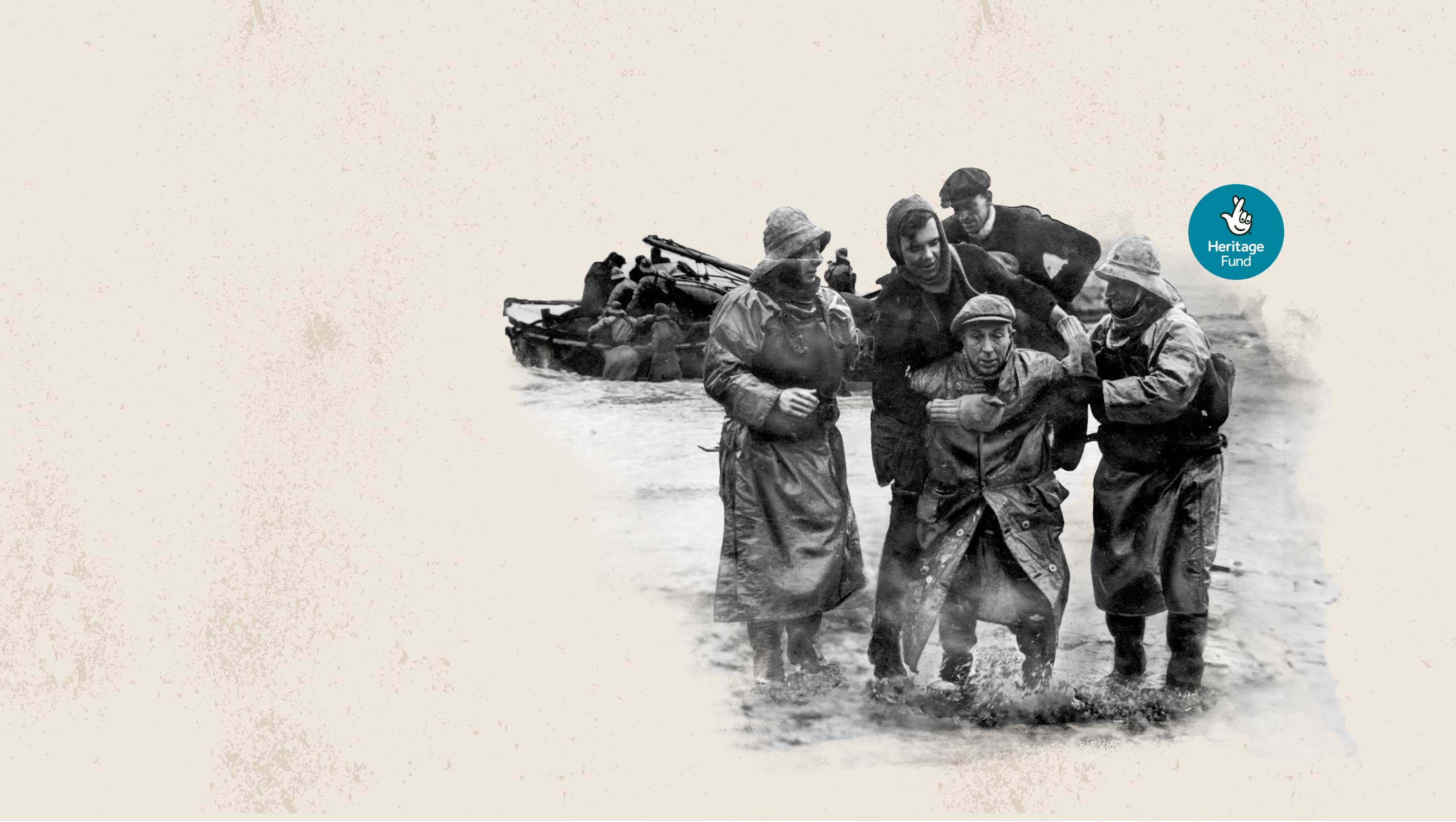 Image for the Stories of Courage podcast. Features a black and white photo of lifeboat crew carrying casualties from a lifeboat to the shore. Also features the Lottery Heritage Fund logo.