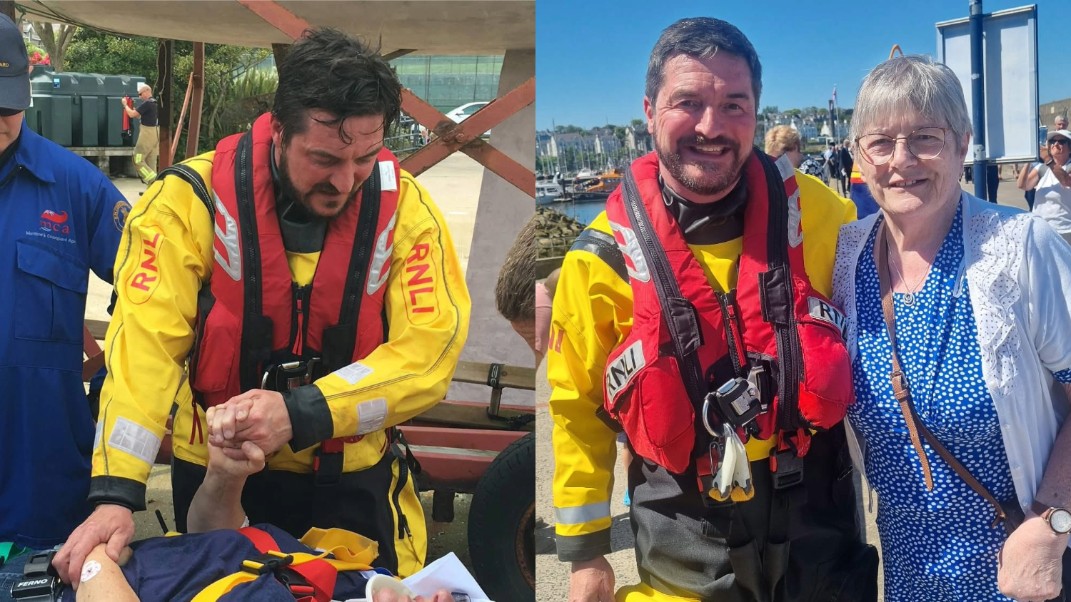 A split image: The left is of RNLI Crew Member John holding Geraldine’s hand during the rescue, the other is of John stood next to Geraldine, both smiling.