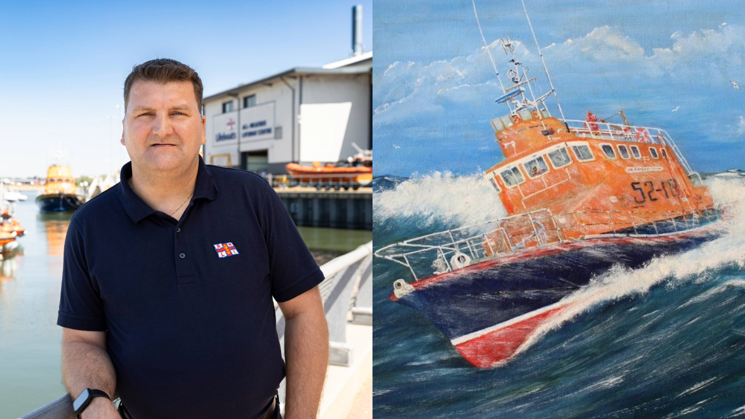 A split image: The left photo is of a man, Howard, smiling at the camera and wearing an RNLI polo shirt, the right photo is Matt’s painting of an Arun class lifeboat in a stormy sea. 