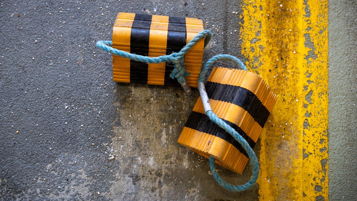 A pair of black and yellow triangular rubber chocks with rope handles.