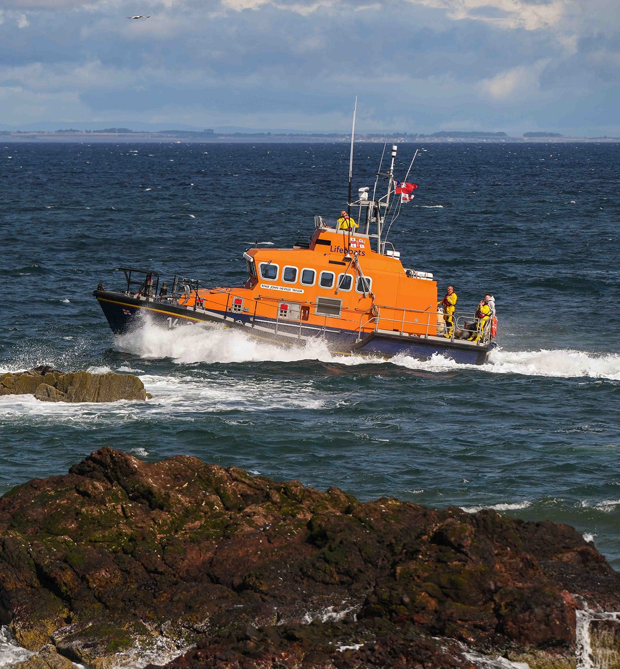 Dunbar RNLI's Trent class all-weather lifeboat, John Neville Taylor, at sea during a training exercise.