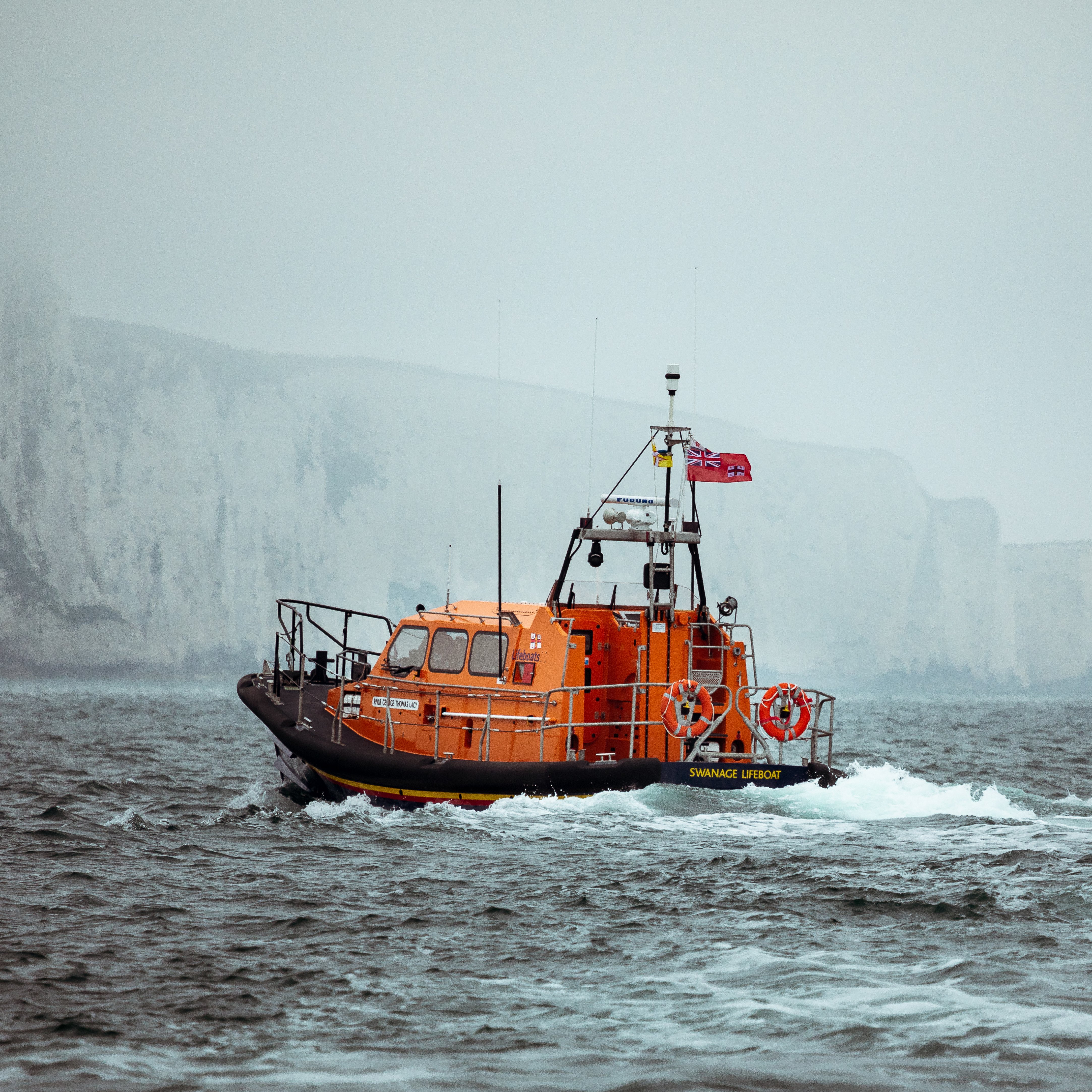A Shannon class lifeboat near cliffs in Dorset