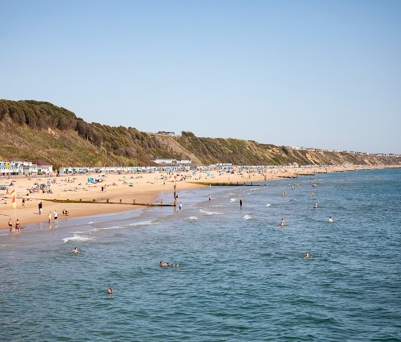 Boscombe Beach, in Dorset, on a sunny day. 