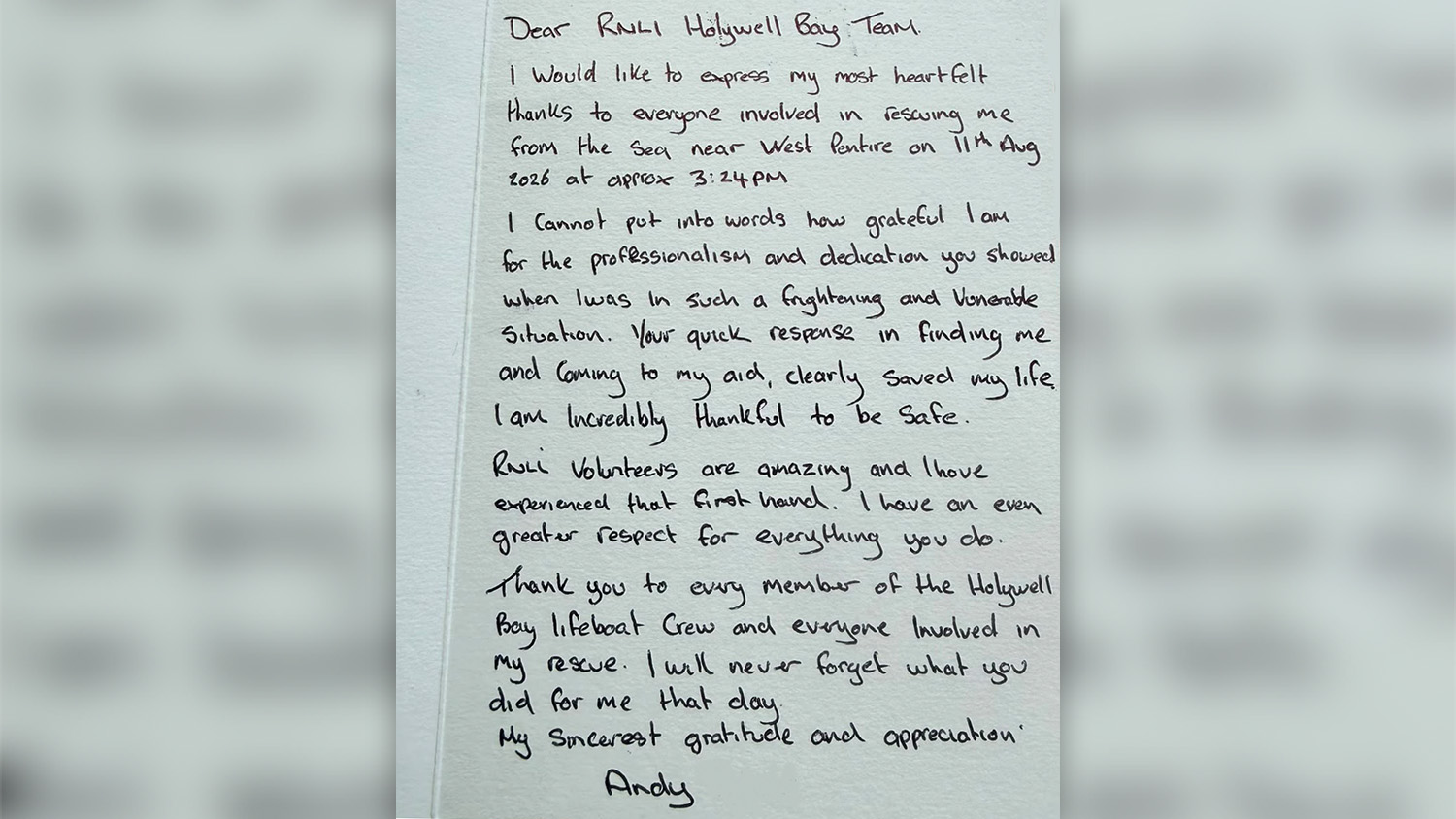 A handwritten thank you letter, written by rescuee Andy