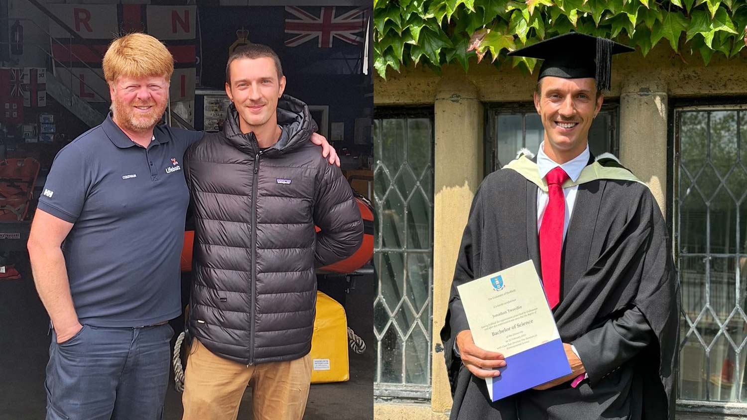 Two pictures side-by-side. Left is a picture of a lifeboat crew member and the climber, Jon, who he rescued, both stood outside a lifeboat station. Right is a picture of Jon holding his degree, dressed in his graduation gown and mortarboard.