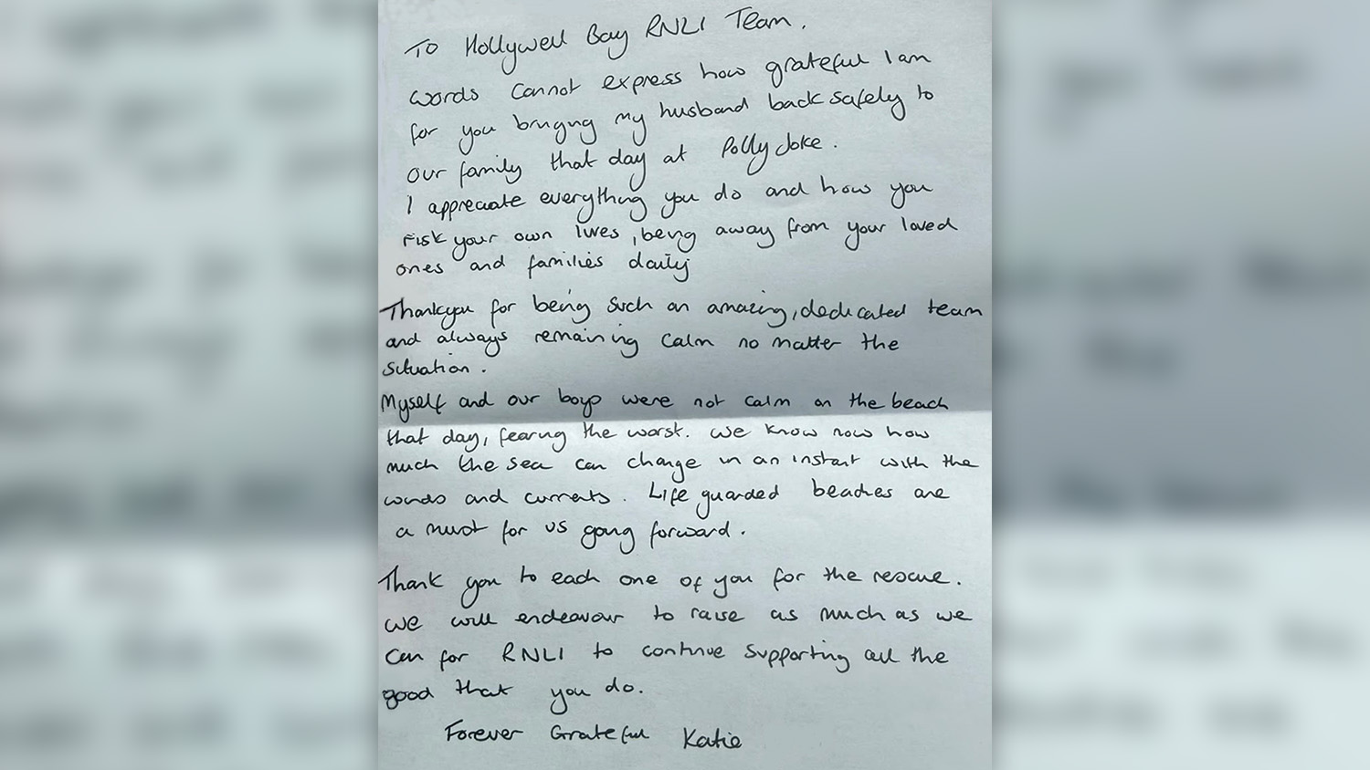 A handwritten thank you letter, written by Andy’s wife Katie