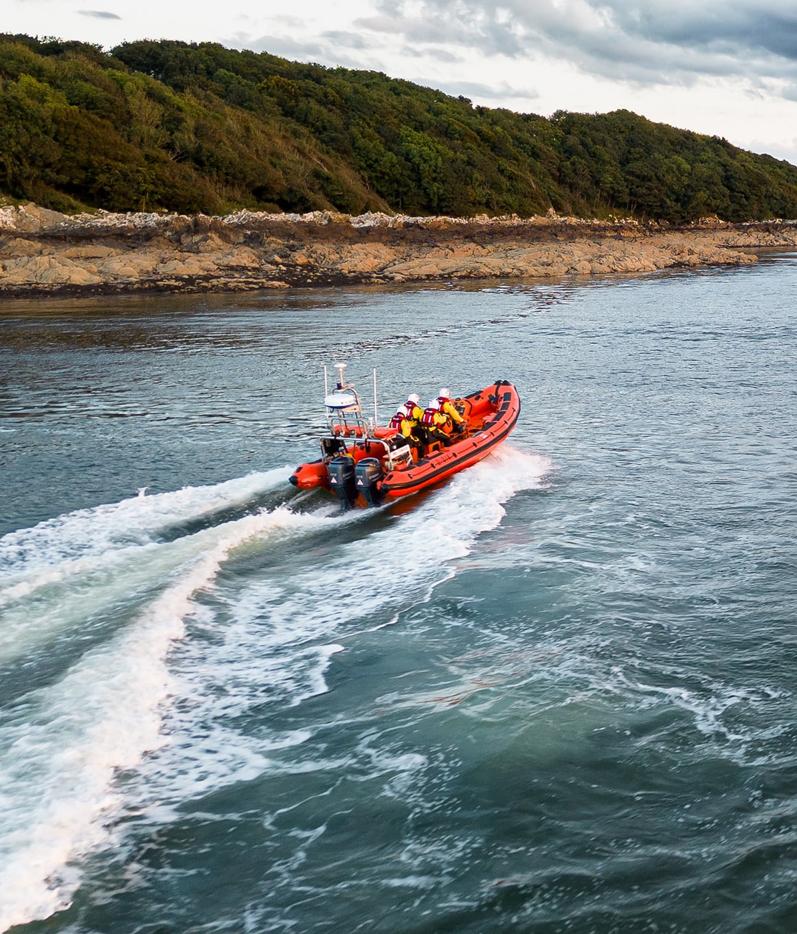 An aerial drone shot of Kirkcudbright RNLI's Atlantic 85 inshore lifeboat, Sheila Stenhouse.