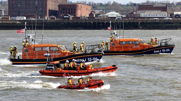 A flotilla of lifeboats, with two Shannon class lifeboats, a B class lifeboat and a D class lifeboat. Photo: Nicholas Leach.