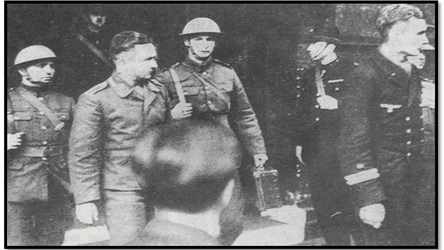 A historic photograph showing Bernhard and Eugen being escorted to London by police officers.