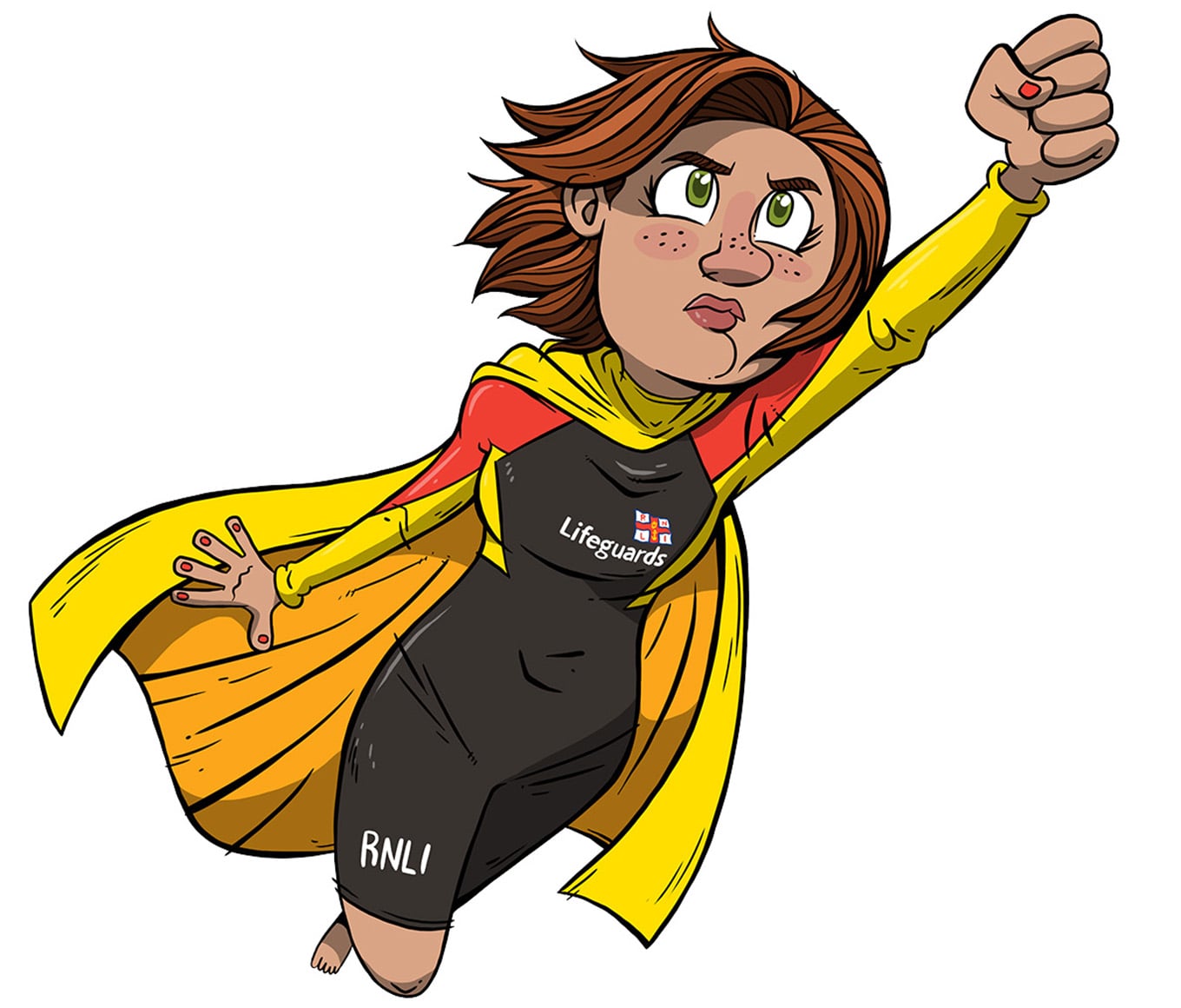 Sandy the lifeguard, from Storm Force, dressed as a superhero, with a wetsuit and cape. She's flying through the sky. 