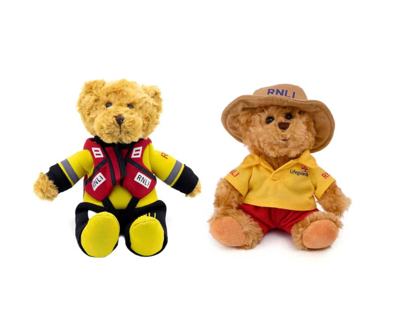 Two teddy bears from RNLI Shop, Milly Lifeboat Crew Bear - dressed like an inshore crew member - and RNLI Lifeguards Bear, dressed like an RNLI lifeguard.